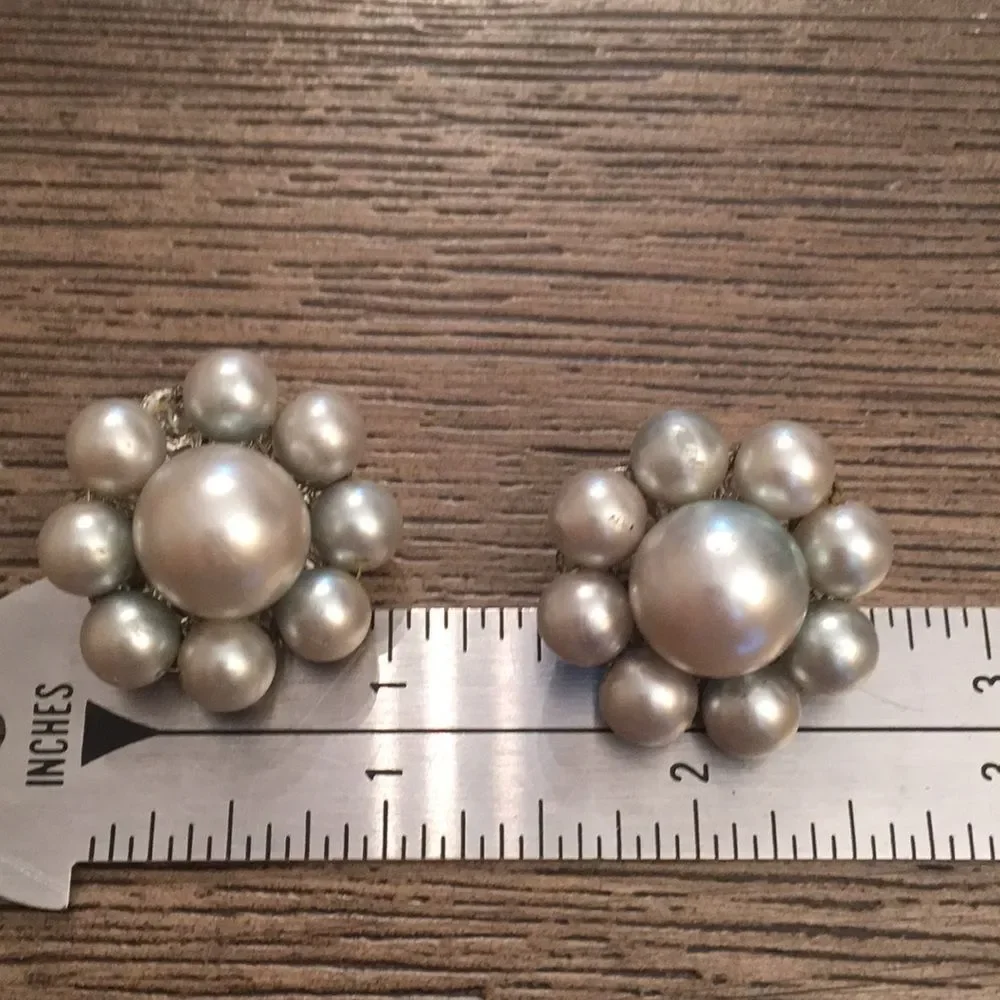 Vintage Blue Ombré Pearl Bead Clip Earrings